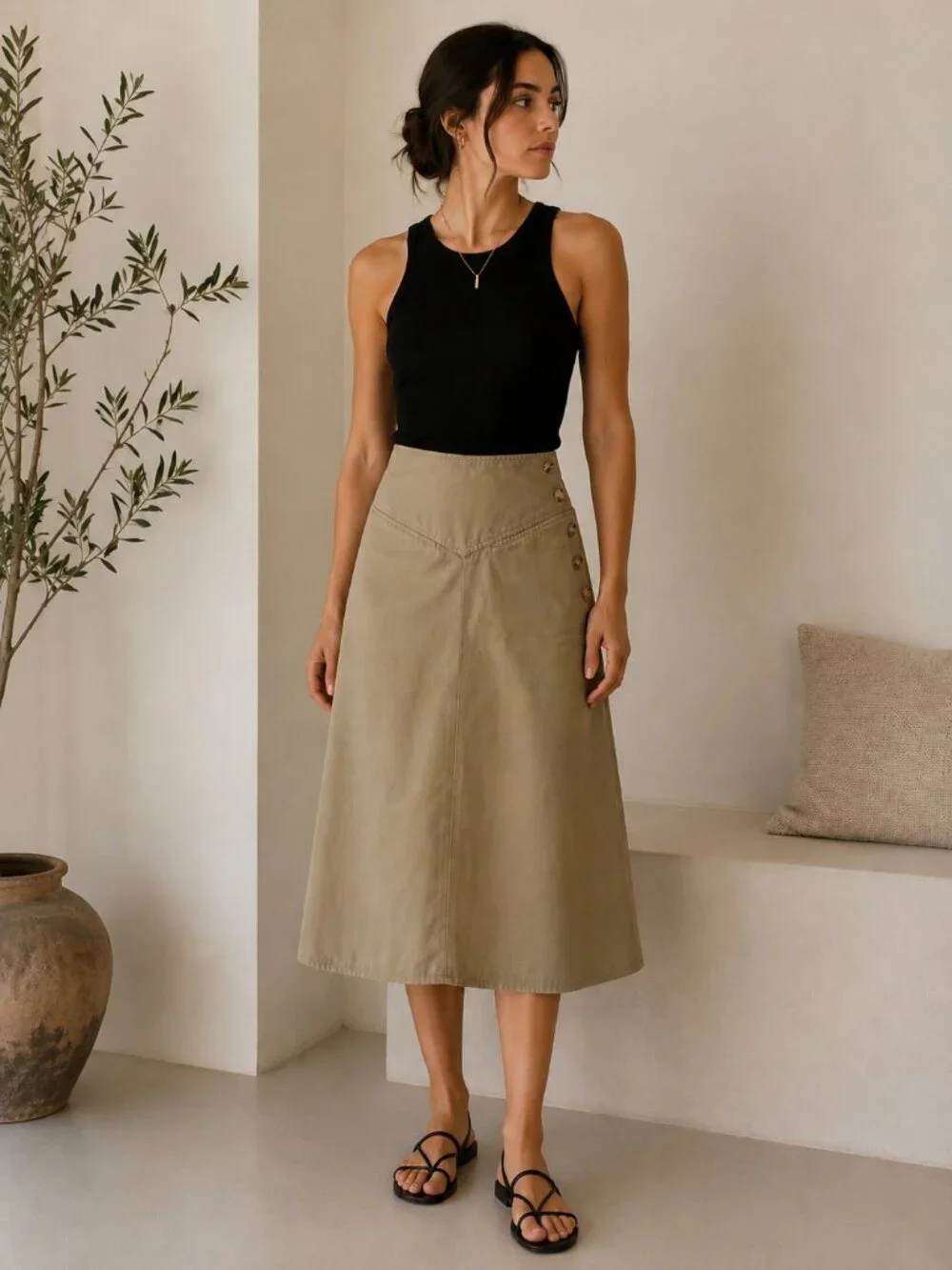 Vintage Banana Republic Khaki A-Line Midi Skirt - Picture 1 of 7